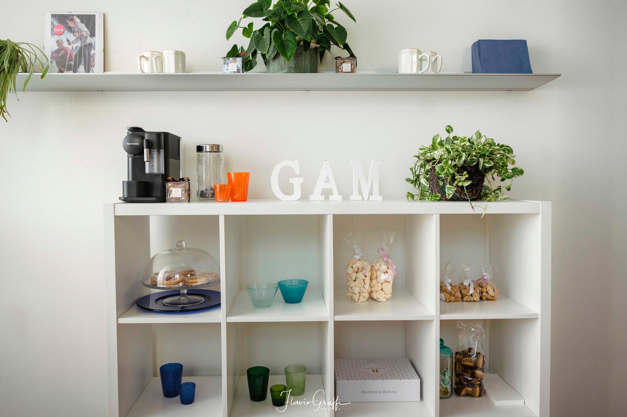 The office coffee corner with the GAM lettering